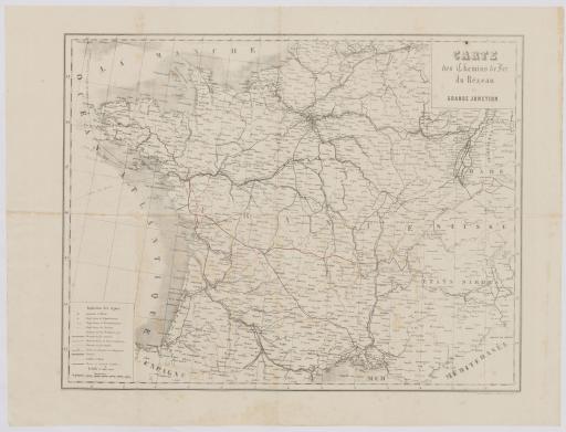 Carte des chemins de fer du réseau de grande jonction, [carte de France comprenant le tracé du projet de ligne Napoléon-Vendée-La Rochelle].